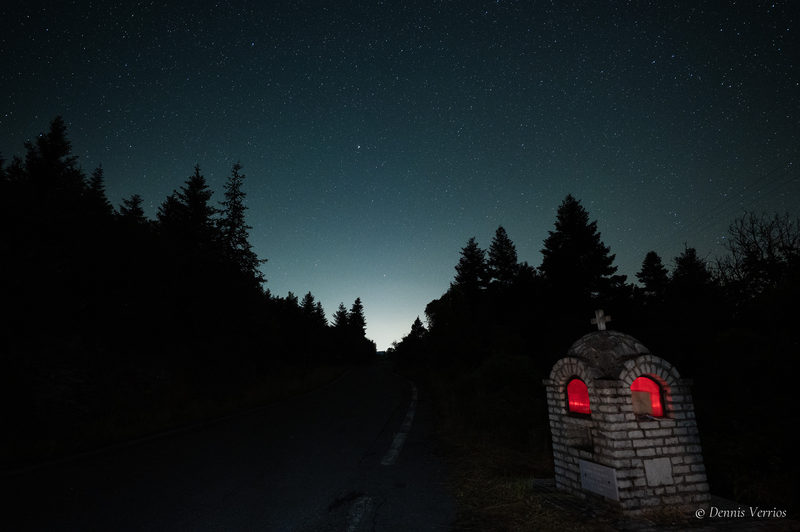 Roadside shrine under the stars, Alonistaina, darker edit. Photograph by Dennis Verrios.